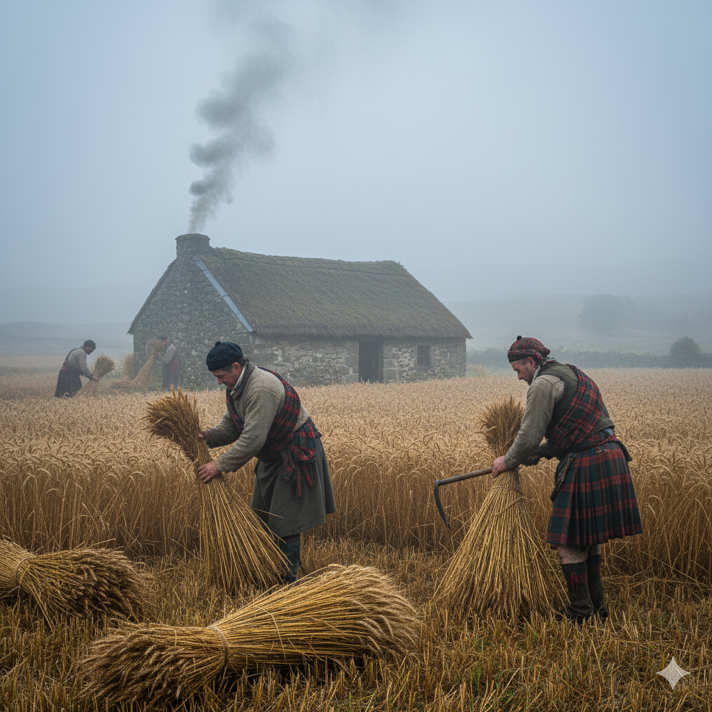 Scottish Lowland farmers harvesting rye